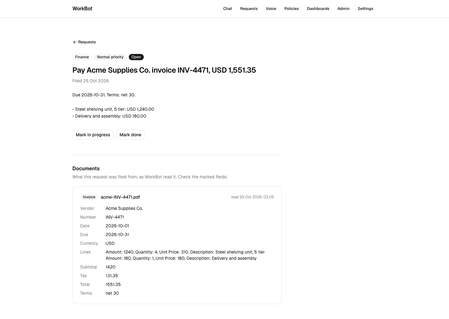 A request filed from an invoice