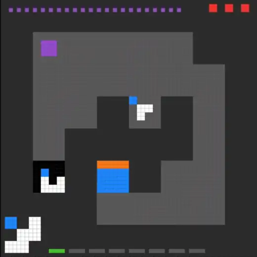Animation of the agent exploring LS20, swapping keys at the rotator and reaching the door.